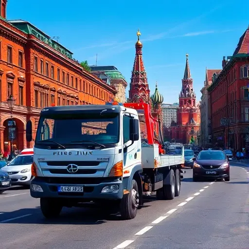 эвакуатор в москве подача за 20 A realistic tow truck parked on a busy Moscow street, with iconic red brick buildings and the Kremlin silhouette in the background, under a clear blue sky, capturing the bustling urban atmosphere of Moscow without any text or numbers visible.