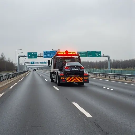 A realistic scene showing a tow truck evacuating a car on a busy highway, with the Moscow Ring Road (MKAD) and Pyatnitskoe highway visible in the background. The road has clear lane markings and safety barriers, and the tow truck is equipped with a winch and a hook attached to the car. The sky is overcast, and there are no pedestrians or visible signage with text.