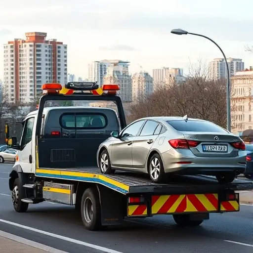 a tow truck transporting a broken down car on a city street, Volgograd cityscape in the background, daytime, professional service scene