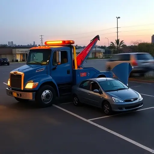 A tow truck in a small, quiet parking lot at dusk, gently pulling a stalled car with its winch. The tow truck is a classic blue model with a bright yellow safety light, its cab open to reveal a friendly tow operator in a reflective vest. The stalled car is a compact sedan, its hood slightly ajar, with a small, calm driver standing beside it, holding a spare key. The background shows a few parked cars, a street sign, and a faint city skyline. The scene conveys relief and safety after the arrival of the tow service.