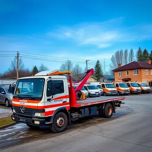 A tow truck parked in a small Russian town, with several other tow trucks in the background, representing multiple companies providing towing services