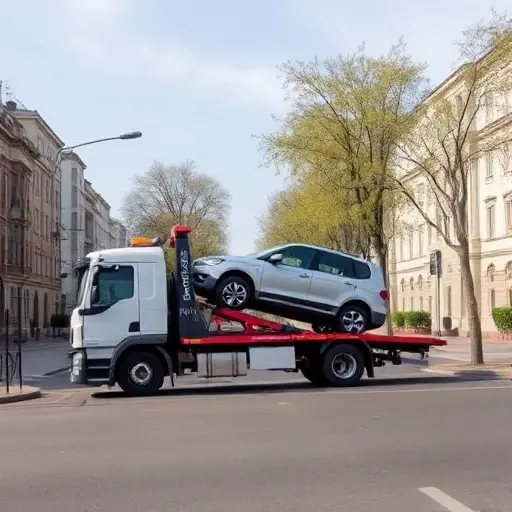 A realistic scene of a modern tow truck parked on a quiet street in the Zuzino district, with typical Moscow residential buildings and trees lining the road, a disabled car being lifted onto the truck's platform, clear daytime sky, no people visible, no signage or text