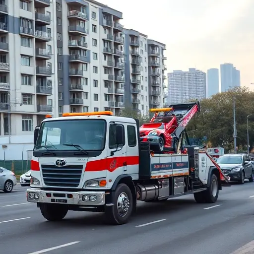 фрунзенский район эвакуатор A realistic tow truck parked on a busy street in Frunzensky District, with modern apartment buildings and a subtle city skyline in the background, showcasing the truck’s details and towing equipment in a high‑quality, detailed style.