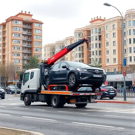 A realistic scene of a tow truck (evacuator) operating on a busy street in the Levoberezhny district of Moscow, with recognizable Moscow architecture in the background, such as typical apartment buildings and street signs, showing the tow truck lifting a car onto its platform. The image should convey a professional service atmosphere, with clear details of the vehicle and urban environment, without any text or logos.