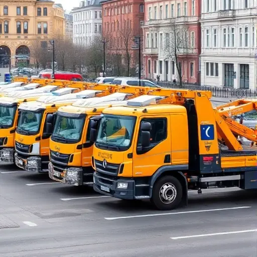 A modern fleet of tow trucks parked on a Moscow street, sleek contemporary vehicles with bright colors, city background with recognizable architecture, no text or signage