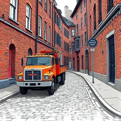 A realistic illustration of a tow truck parked on a narrow cobblestone street with old brick buildings on both sides, a small street sign without any lettering, and subtle guidebook elements like a faded map overlay, all rendered in a detailed, high-quality style.