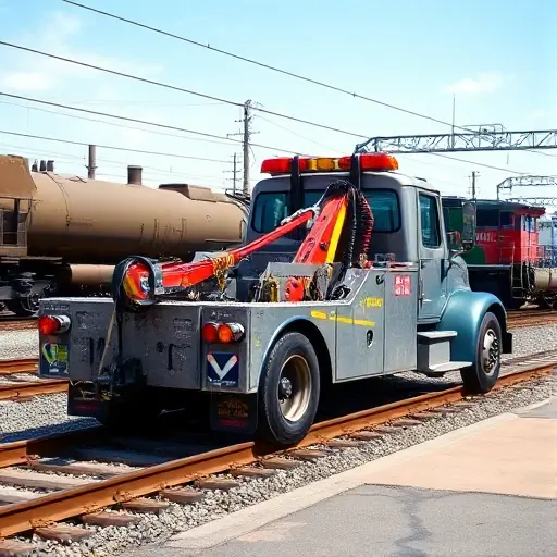 A realistic depiction of a railroad tow truck parked beside a train on a rail yard, featuring a detailed metal body, hydraulic winch, and bright safety lights, set against a backdrop of tracks and a locomotive in a clear daytime setting.