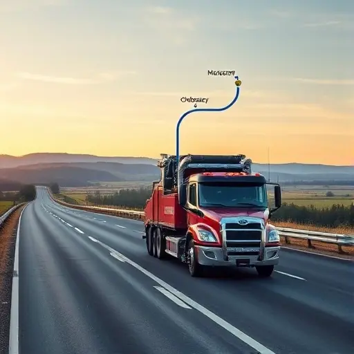 A realistic tow truck driving along a highway between Moscow and Cheboksary, with a scenic background showing the Russian countryside and a subtle map overlay indicating the route, all depicted without any text, letters, or numbers