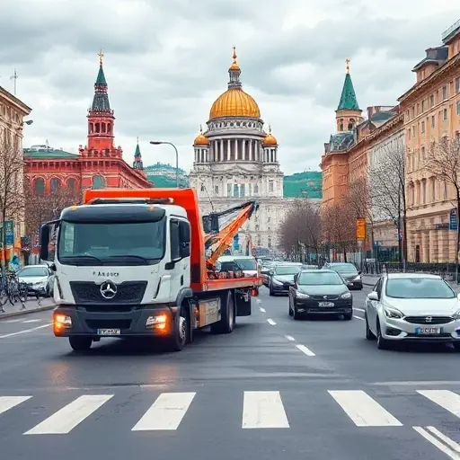 A realistic illustration of a tow truck helping a stranded car on a busy Moscow street, with recognizable Moscow architecture such as the Kremlin dome in the background, cloudy sky, city traffic and pedestrians, without any text or lettering
