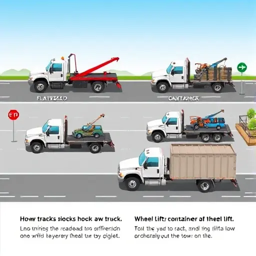 A realistic illustration of various types of tow trucks (flatbed, hook and chain, wheel-lift, and container) positioned on a road, each with a different vehicle being towed, showing their suitability for different towing tasks. The scene should depict a clear, detailed environment with a road, traffic signs, and a clear sky, emphasizing the mechanics and functionality of each tow truck type without any textual labels.