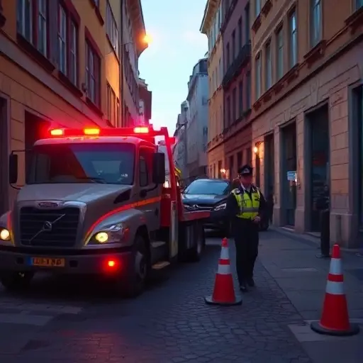A tow truck parked on a narrow, cobblestone lane in a city, with a damaged car on the side, emergency lights flashing, a police officer in uniform standing nearby, and a traffic cone marking the scene. The setting is dusk with street lamps casting a warm glow.