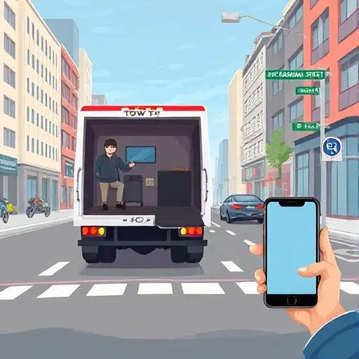 A realistic illustration of a tow truck arriving at a city street named 2nd Radialnaya Street, with the driver opening the truck's rear hatch beside a broken-down car, urban buildings and street scenery, a smartphone in the driver's hand showing a call interface, all without visible text, logos, or signage