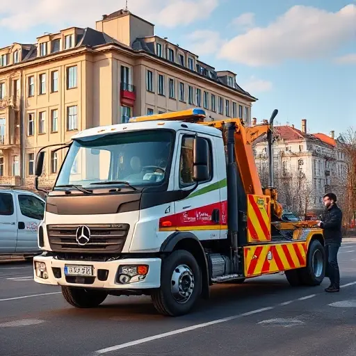 A realistic scene of a modern tow truck (evakuator) parked on a city street in Istra, Moscow region, with a backdrop of typical Russian urban architecture and a clear sky, showing the vehicle's equipment and a professional driver standing beside it, emphasizing the functionality and reliability of tow services