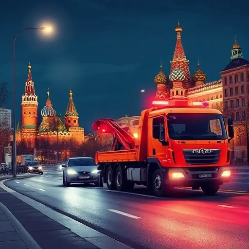 A realistic illustration of a tow truck helping a broken-down car on a Moscow street at night, with the illuminated city skyline and recognizable Moscow architecture such as the Kremlin towers in the background, conveying a 24/7 emergency service atmosphere, without any text or logos.