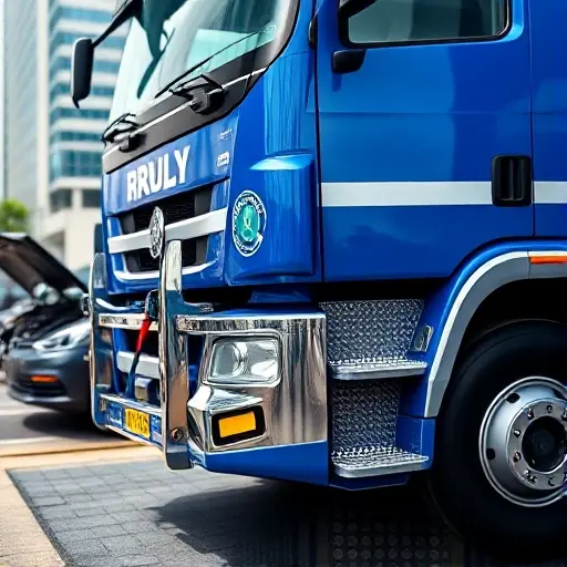 A sleek, modern tow truck with a bright blue and white livery, parked on a city street with a subtle reflection of skyscrapers in its polished metal surface. The truck is equipped with a hydraulic winch and a bright yellow safety light, positioned next to a parked car with a broken engine. The scene is captured in a crisp, high-resolution style, with a shallow depth of field focusing on the tow truck's front and the winch, while the background is slightly blurred. The lighting is natural daylight with soft shadows.