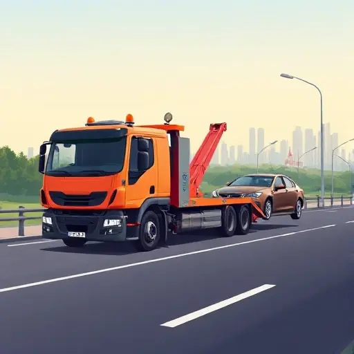 A realistic illustration of a modern tow truck parked on Izmaylovskoye highway in Moscow, with a partially towed car, city skyline in the background, clear sky, no text or signage