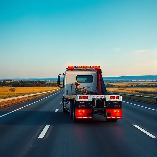эвакуатор москва казань A modern tow truck driving on a wide highway under a clear sky, with a scenic view of Russian countryside in the background. The road stretches forward, hinting at a long journey between two major cities, with subtle landmarks suggesting Moscow and Kazan without any text or signage. The tow truck is detailed, showing its robust chassis and bright safety lights, but no logos or letters are visible.