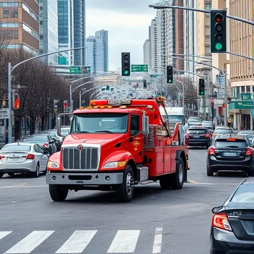 A realistic scene of an affordable, reliable tow truck navigating the busy streets of Eastern Moscow, highlighting the intricate road network and traffic flow. The image shows the tow truck prominently on a typical Moscow street with surrounding cars, traffic lights, and urban buildings, capturing the atmosphere of Eastern Moscow traffic without any text or logos.