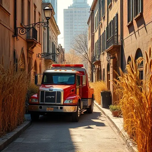 A realistic tow truck (evacuator) parked in a charming alley named "Alley of the Golden Sheaf", with the street lined on both sides by tall, golden wheat stalks swaying gently, warm sunlight casting soft shadows, and a subtle hint of a modern cityscape in the background. The scene should feel inviting and informative, illustrating the concept of tow services in this unique location without any text, logos, or people.