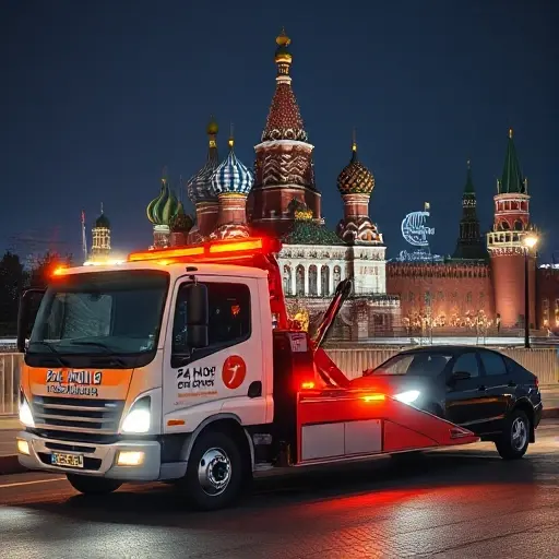 Эвакуатор Круглосуточно Москва: Полное Руководство от Expressevakuator.ru A 24-hour tow truck parked in front of a Moscow landmark at night, with bright headlights illuminating a stranded car being towed, a clear view of the city skyline, no text or logos