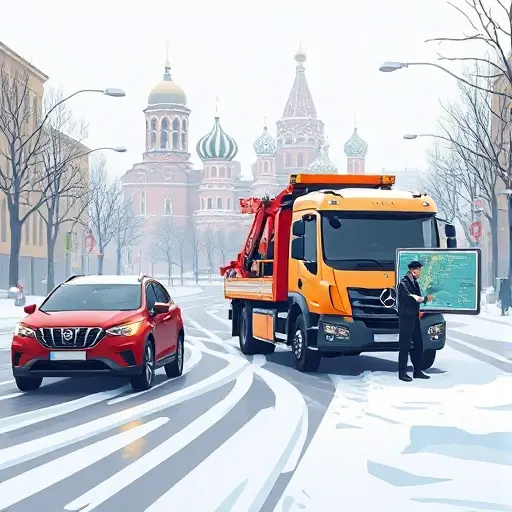 A realistic illustration of a Moscow city street with a modern tow truck assisting a broken vehicle, a dispatcher monitoring a digital map on a console in the background, snowy winter atmosphere, recognizable Moscow architecture like the Kremlin silhouette in the distance, no text or signage