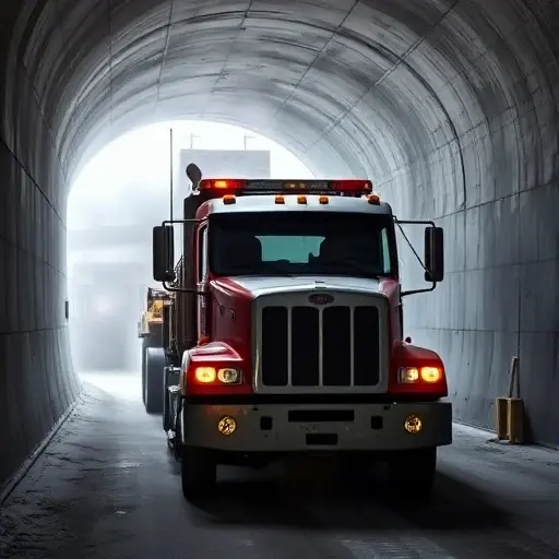 Эвакуатор в 1-м Силикатном проезде: Полное руководство A tow truck parked inside a Silicate passage, showing the truck's front and side with industrial silicate dust in the air, a tunnel-like environment with concrete walls, no people, no text or signage, focusing on the truck and the passage atmosphere.