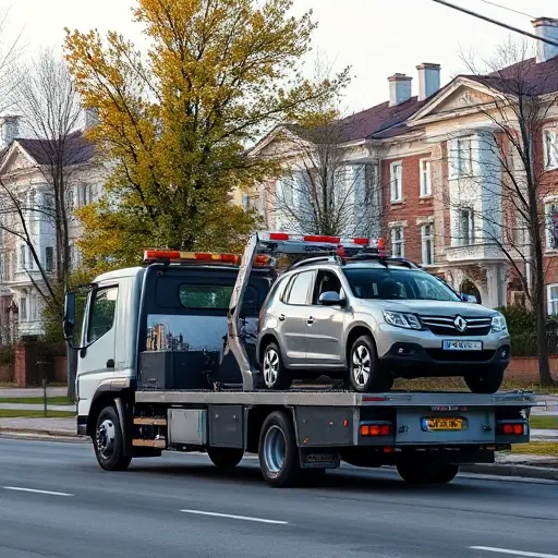 A modern tow truck (evacuator) parked on a quiet suburban Moscow street, with typical Russian houses and trees in the background, a car being lifted onto the truck's platform, clear sky and realistic lighting