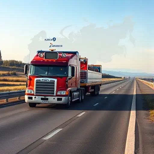 Эвакуатор Москва ‒ Владикавказ: Полное руководство A robust tow truck driving on a wide highway with a subtle map overlay of the route from Moscow to Vladikavkaz in the background, set against a clear sky and distant Russian countryside scenery, no people or other vehicles visible, no text or lettering