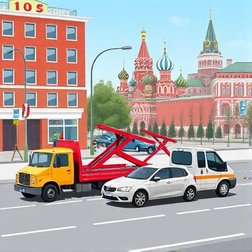 A realistic illustration of a Moscow street scene showing several types of tow trucks used for passenger cars, such as a flatbed tow truck, a wheel‑lift tow truck, and a integrated tow truck, each positioned next to a small sedan or hatchback. The background includes recognizable Moscow architecture like a red brick building and a hint of the Kremlin dome, but no visible signage, logos, or text. The focus is on the vehicles and the urban environment, rendered in a clean, detailed style.