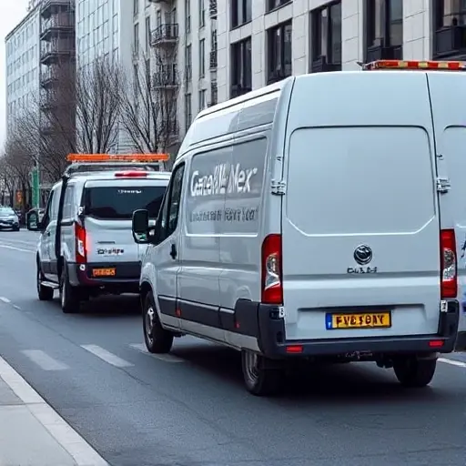 A tow truck pulling a GAZelle Next van on a city street, with the tow hook attached to the rear of the van, showing the towing process in motion, no people, no text or signage, realistic lighting, clear focus on the vehicles