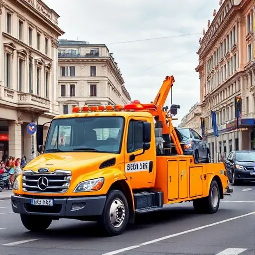 эвакуатор невский район спб A bright, realistic tow truck parked on Nevsky Prospekt in St. Petersburg, with a car being towed, surrounded by historic buildings and a bustling city street, no text or signage visible.