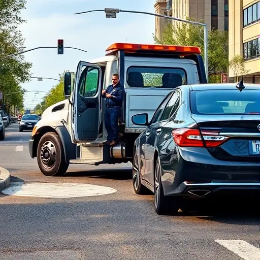 A realistic scene showing a modern tow truck parked beside a broken-down car on a city street, with a driver in a uniform stepping out of the tow truck, a smartphone in the driver's hand indicating a call being made, and a clear road background with traffic signs, all depicted without any text, letters, or numbers