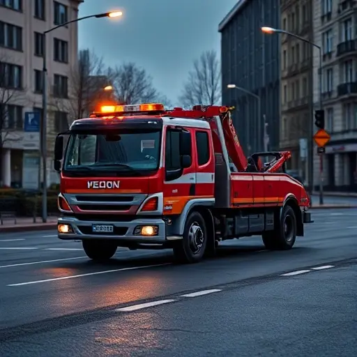 Эвакуатор в 3-м проезде Подбельского: Полное руководство A realistic tow truck (evacuator) parked on the third lane of Podbelskogo Street, with the surrounding urban environment: asphalt road, streetlights, nearby buildings, and a subtle hint of traffic signs, all depicted without any text, letters, or numbers