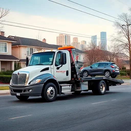 Эвакуатор на 2-й Хуторской улице: Полное руководство A realistic scene of a modern tow truck parked on a residential street, with a small car being towed, cityscape background, no text or logos, clear lighting, no signage