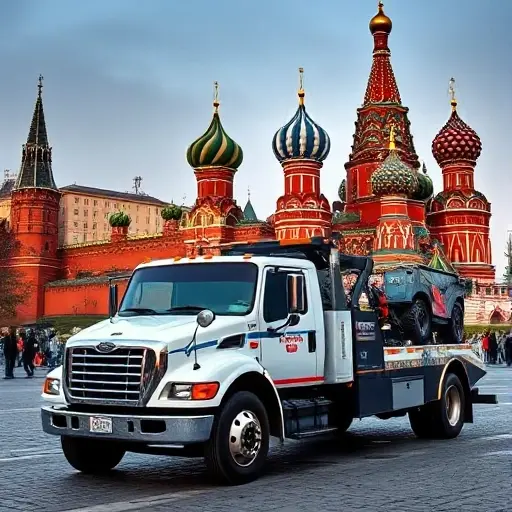 A used tow truck parked in front of a recognizable Moscow landmark, such as the Kremlin or St. Basil's Cathedral, with a subtle hint of the Avito marketplace vibe—no text or lettering in the image.