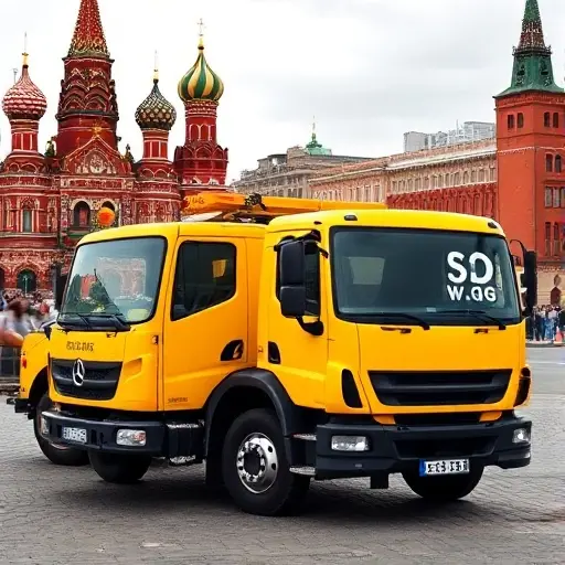 грузовой эвакуатор москва дешево A bright yellow cargo tow truck parked in front of the Red Square in Moscow, with the city skyline in the background, showing a modern, efficient vehicle ready for service.