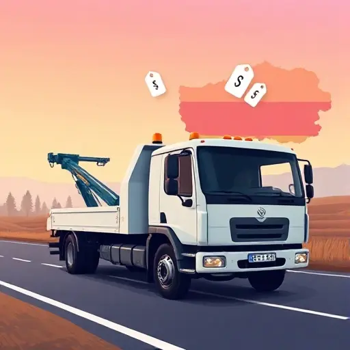 A realistic illustration of a tow truck parked on a road in Belarus, with a subtle background showing the Belarusian flag colors, a faint outline of the country’s map, and two floating price tag icons above the truck—all without any text, letters, or numbers.