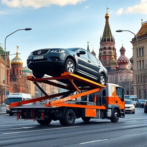 A realistic scene of a tow truck lifting a car onto its platform on a busy Moscow street, with recognizable Moscow architecture such as the Kremlin dome or St. Basil's Cathedral in the background, showing the urgency of vehicle evacuation, clear sky, and urban traffic, no text or signage