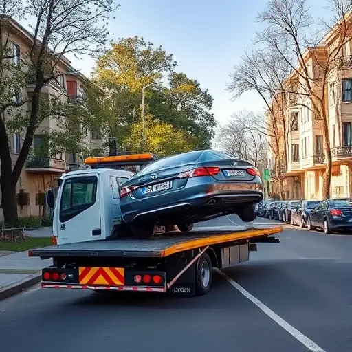 Эвакуатор в Южном Бутово: Полное руководство A realistic scene of a tow truck parked on a quiet street in the South Butovo neighborhood, gently lifting a small sedan onto its platform. The background shows typical residential buildings with tree-lined sidewalks, a few parked cars, and a clear sky. The focus is on the tow truck and the vehicle being rescued, with no signage, text, or logos visible.