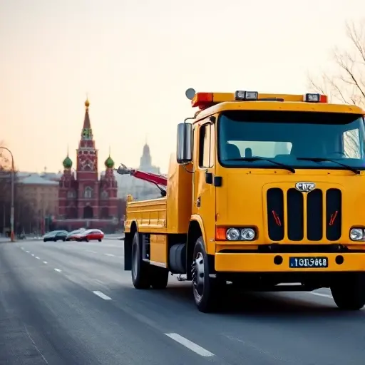 эвакуатор москва владимир A bright yellow tow truck parked on a Moscow street, with the iconic Moscow skyline in the background and a subtle hint of the city of Vladimir in the distance, all rendered in a clean, realistic style