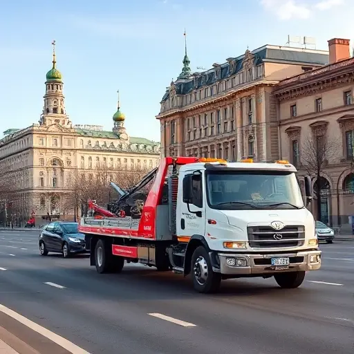 A realistic scene of a tow truck operating on a Moscow street, showing the vehicle pulling a car on a city road with typical Moscow buildings and architecture in the background, under a clear sky, focusing on the vehicle and urban environment without any signage, text, or numbers.