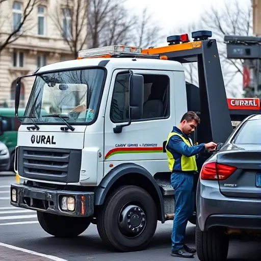 A professional Ural tow truck parked on a busy Russian street, with a friendly mechanic in a company uniform inspecting a vehicle, showcasing reliability and trustworthiness, with a subtle company logo on the truck, realistic lighting, clear focus on the truck and mechanic, no background clutter
