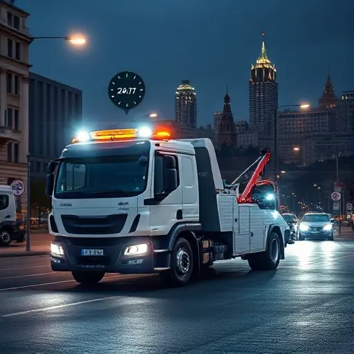 A modern tow truck parked on a Moscow street in the Krasnoselsky district, illuminated by bright headlights, with a city skyline in the background. The scene should convey 24/7 availability, showing a subtle clock or digital display indicating continuous service, but no text or letters. The atmosphere is dynamic and professional, with a clear focus on the tow truck and urban environment.