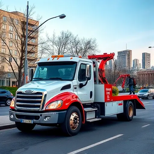 A tow truck parked on a Moscow street near Balashikha, with a phone in hand, a city skyline in the background, no text or letters
