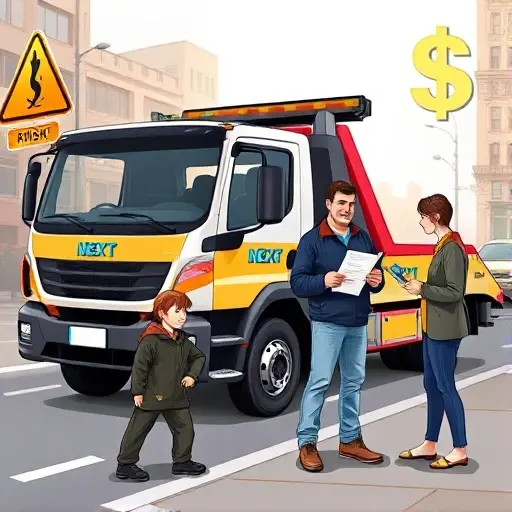 A realistic illustration of a modern tow truck (Next brand) parked on a city street, with a friendly middle-aged man in a work jacket holding a clipboard, standing next to the truck, while a second person in a casual outfit looks at a contract on a tablet. The background shows a subtle cityscape with a few cars, and a subtle overlay of a caution sign and a dollar sign to represent risks and opportunities. The scene is balanced, with warm lighting, no text or letters visible.