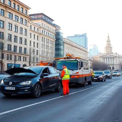 A scene on a Moscow street showing a car broken down on the side of the road with a professional tow truck and a roadside assistance worker in a reflective safety vest helping the vehicle, city buildings and recognizable Moscow architecture in the background, clear sky, realistic lighting, no text or signage