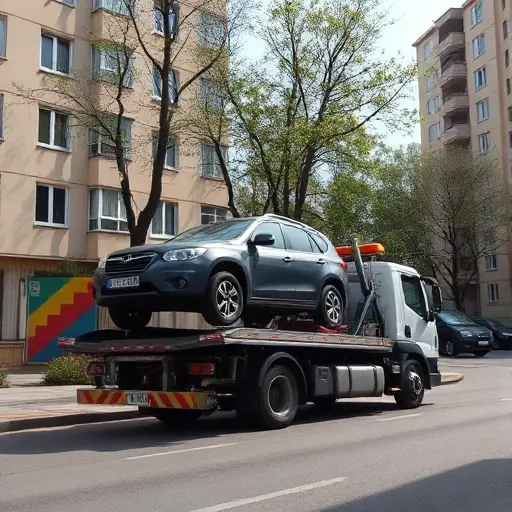 A realistic scene of a tow truck operating in a typical Yasenovo district street, with the truck positioned beside a parked car being lifted onto its platform, surrounded by mid‑rise apartment buildings, street trees, and a quiet urban atmosphere; the focus is on the vehicle and the urban environment, with natural lighting and a clear sky