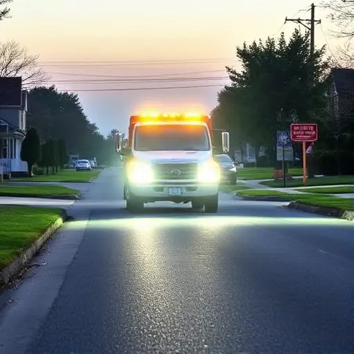 A tow truck parked on a quiet suburban road, with a car being towed, bright headlights illuminating the scene, a clear sky, no text or signage visible