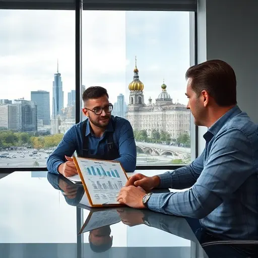 A professional tow truck driver and a client seated at a modern office table, reviewing a clipboard with cost and schedule charts, while a large window shows a split cityscape: the contemporary Moscow skyline on the left and the historic architecture of Novgorod on the right, realistic lighting and clean composition, no text or branding visible