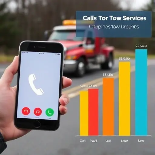 A tow truck parked beside a stranded car on a road, with a smartphone held by a person in the foreground showing a call icon. In the background, a stylized price comparison chart with colored bars representing different tow companies, but no text, letters, or numbers are visible. The scene conveys the idea of calling a cheap tow service and comparing prices.